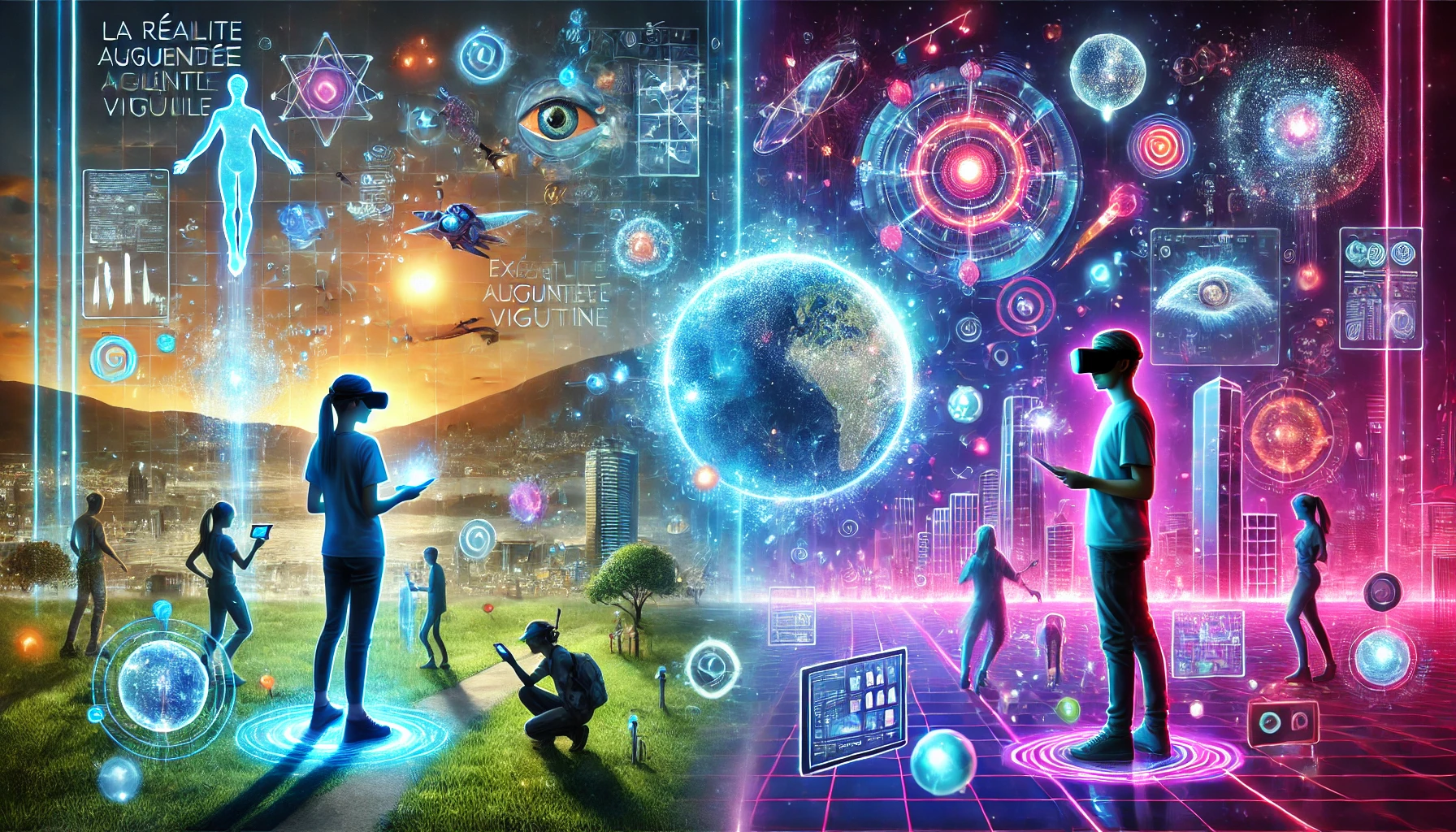 DALL·E 2024 12 30 22.12.06 A digital illustration of La Realite Augmentee et la Realite Virtuelle Des Experiences Immersives depicting a vibrant and futuristic scene where