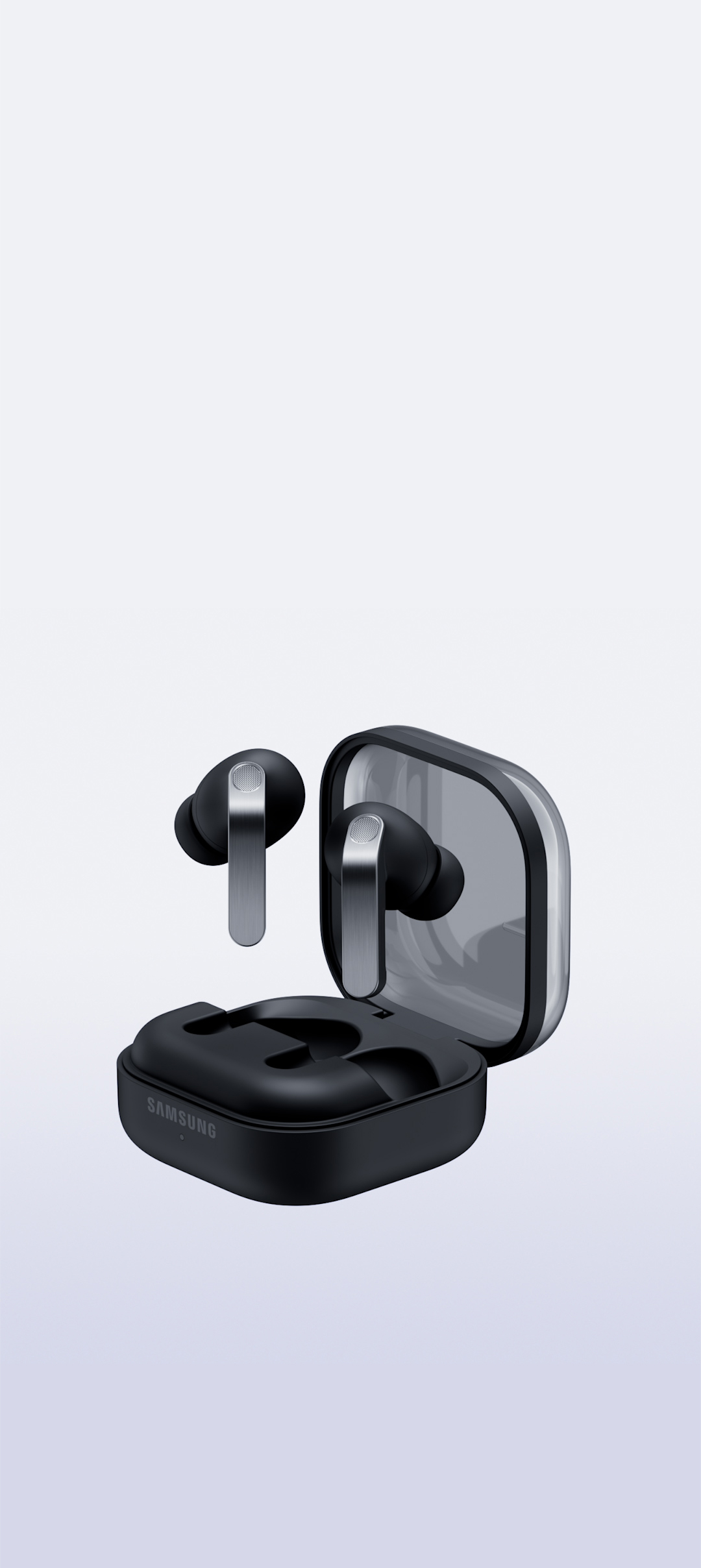 Samsung Galaxy Buds4 Pro Black earbuds above their open charging case