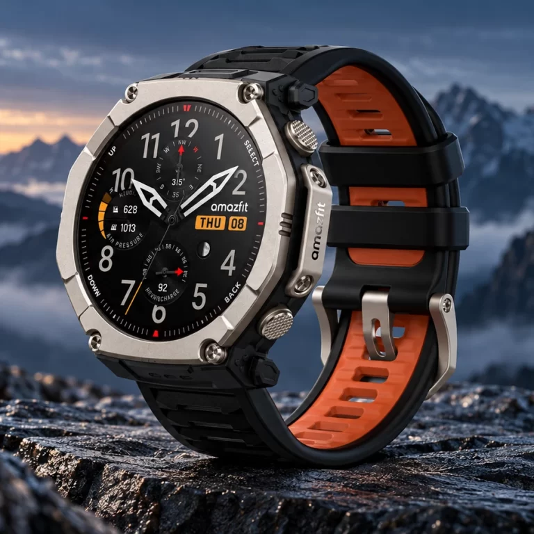 Amazfit T-Rex Ultra 2 Review: Is the Outdoor Upgrade Worth $550? 4 Amazfit T-Rex Ultra 2 with black and orange strap in a mountain scene — QGH AI illustration