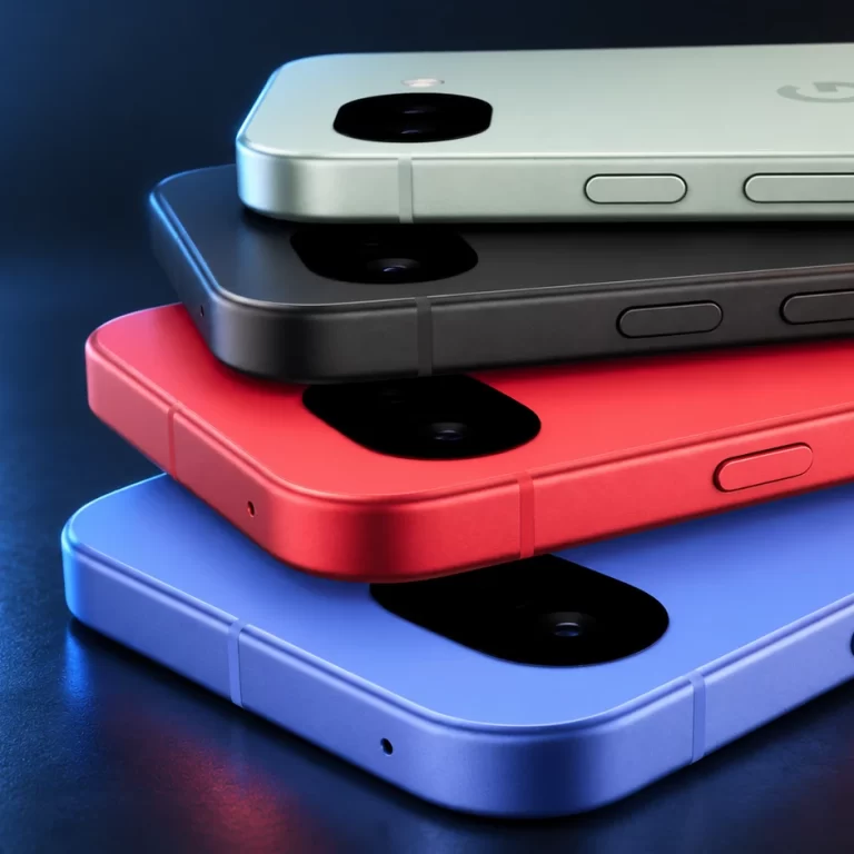 AI-generated editorial illustration of four stacked Google Pixel 10a phones in mint, charcoal, coral and blue under blue and coral studio lighting.