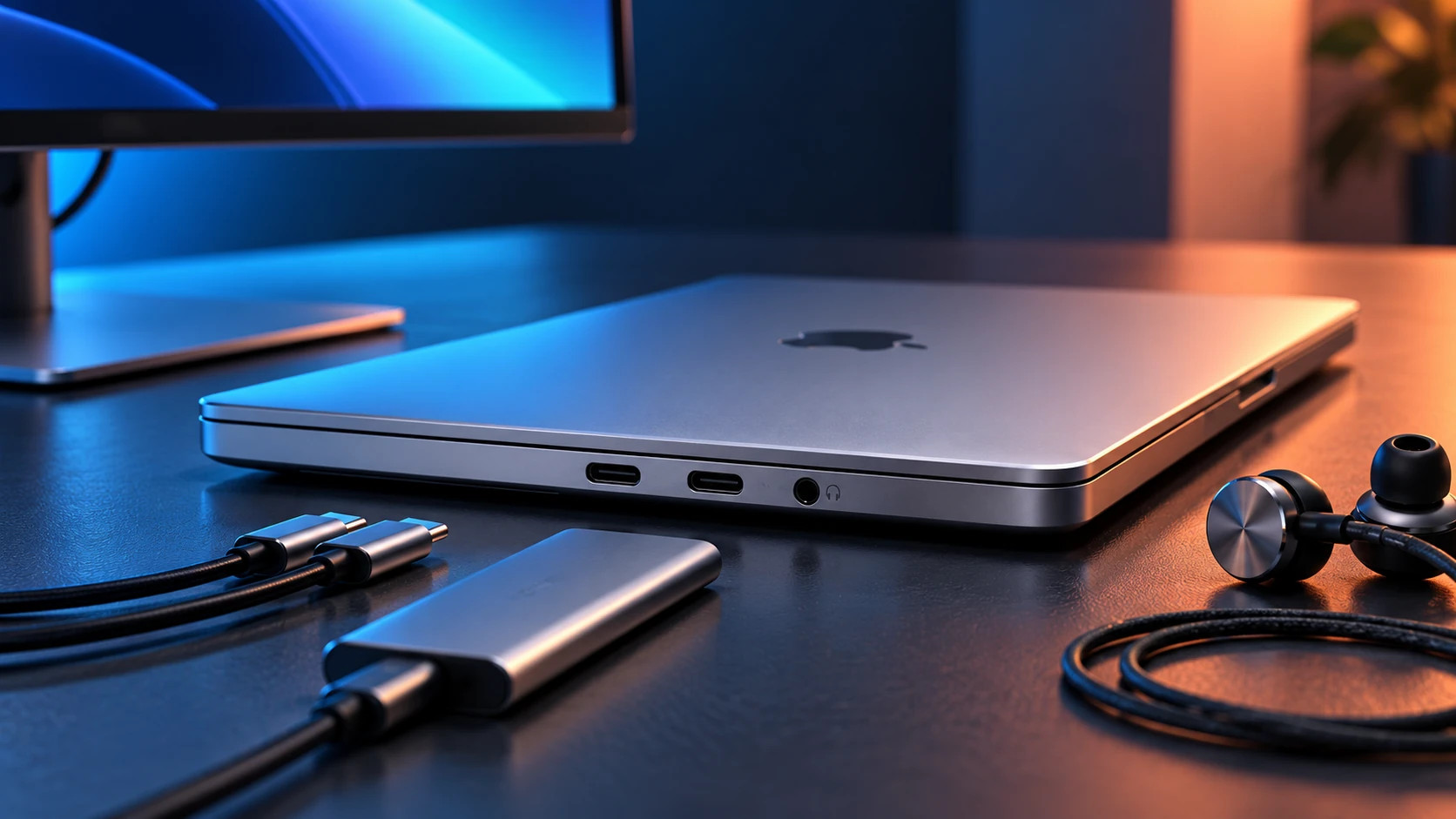 MacBook Neo Ports and External Monitor Guide 1 AI-generated editorial illustration of a silver MacBook Neo showing its USB-C ports beside an external monitor, hub and cables.