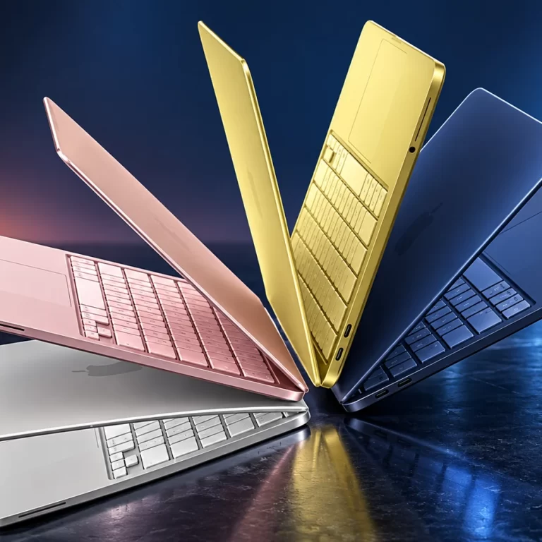 Illustration of four MacBook Neo laptops in silver, blush, citrus and indigo on a dark studio background.