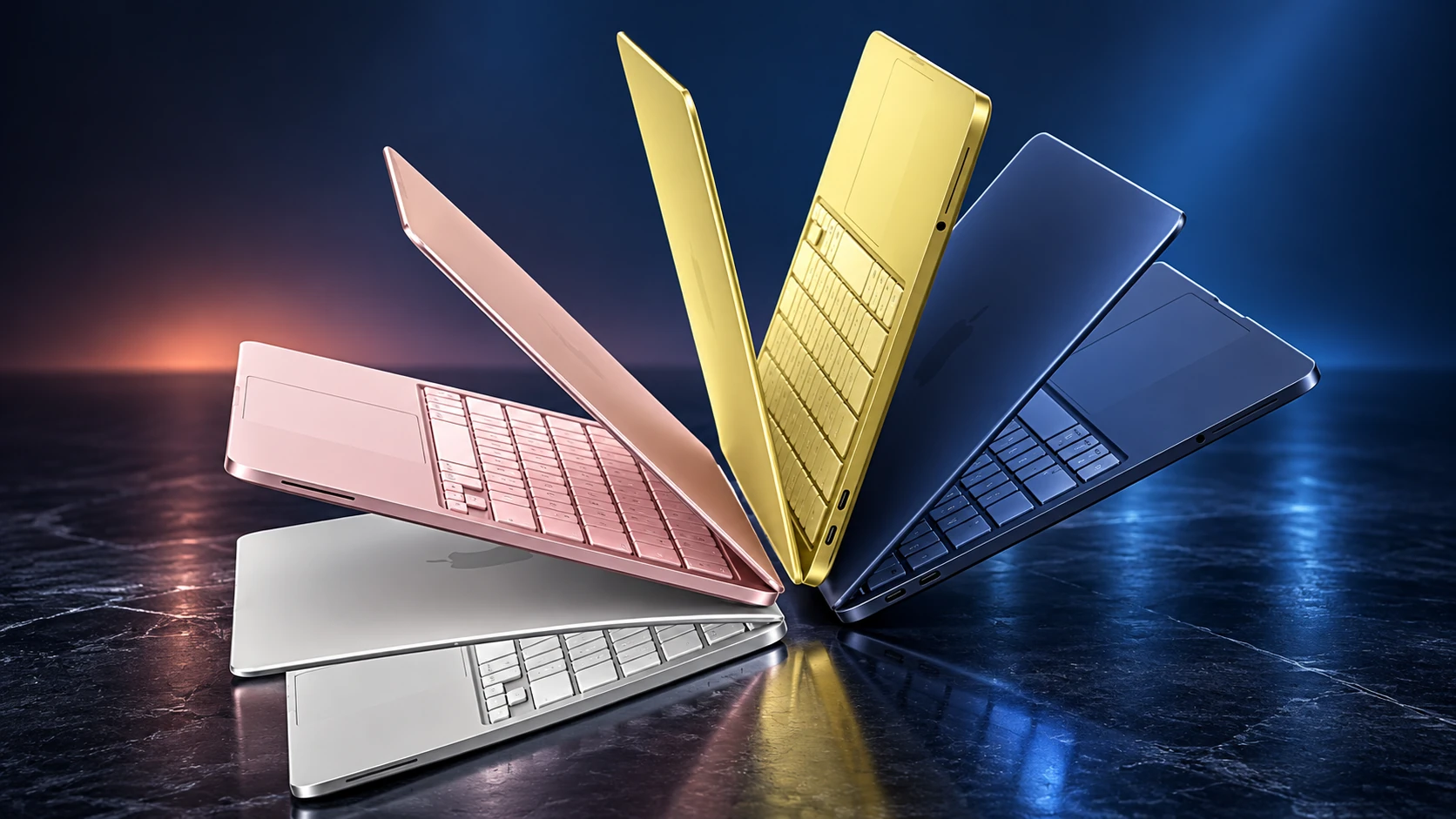 Illustration of four MacBook Neo laptops in silver, blush, citrus and indigo on a dark studio background.