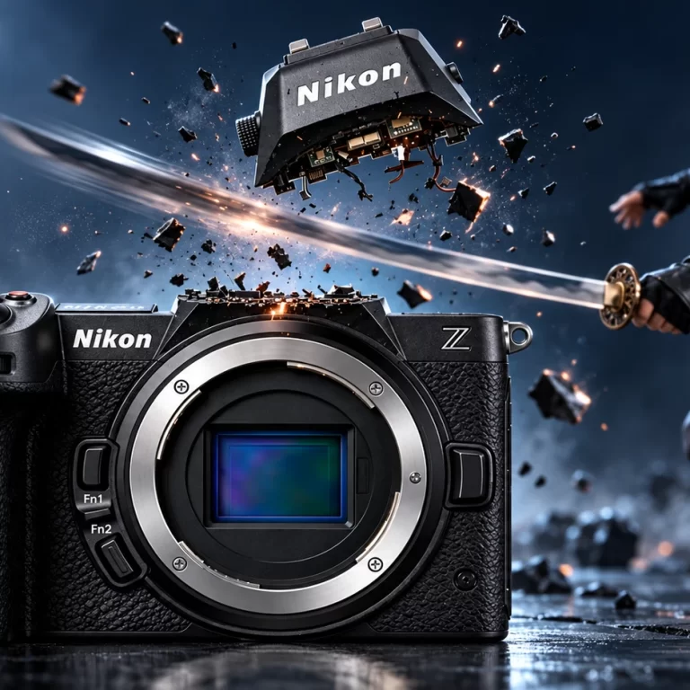 Conceptual illustration of a Nikon mirrorless camera and a ninja, with the viewfinder housing suspended above the camera.