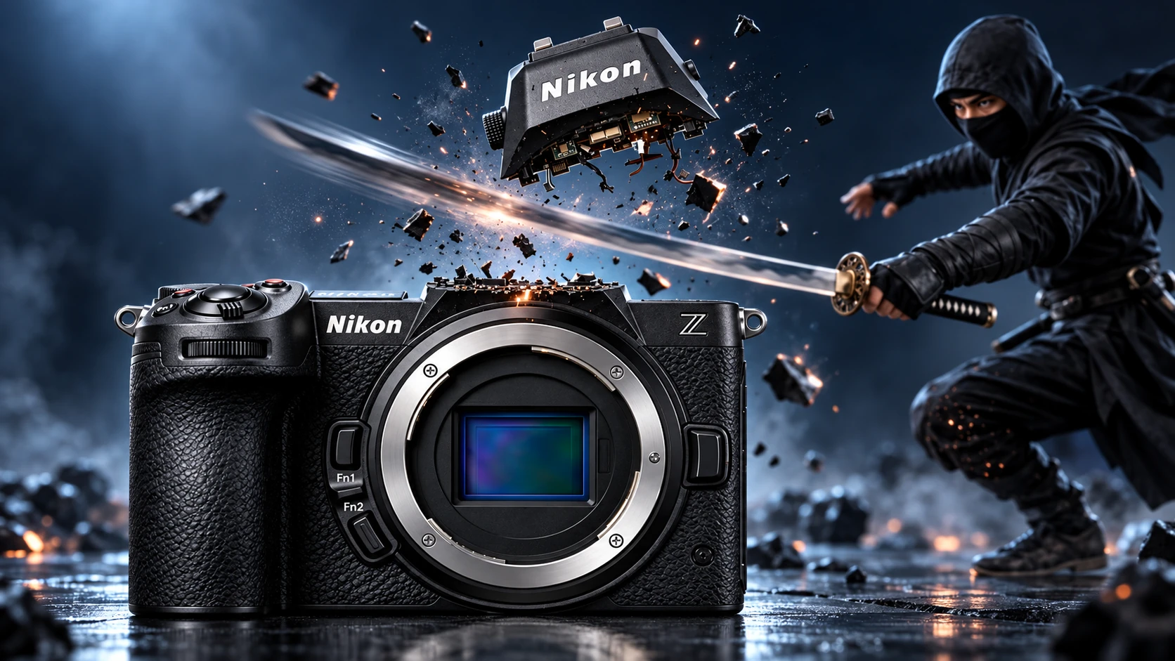 Conceptual illustration of a Nikon mirrorless camera and a ninja, with the viewfinder housing suspended above the camera.
